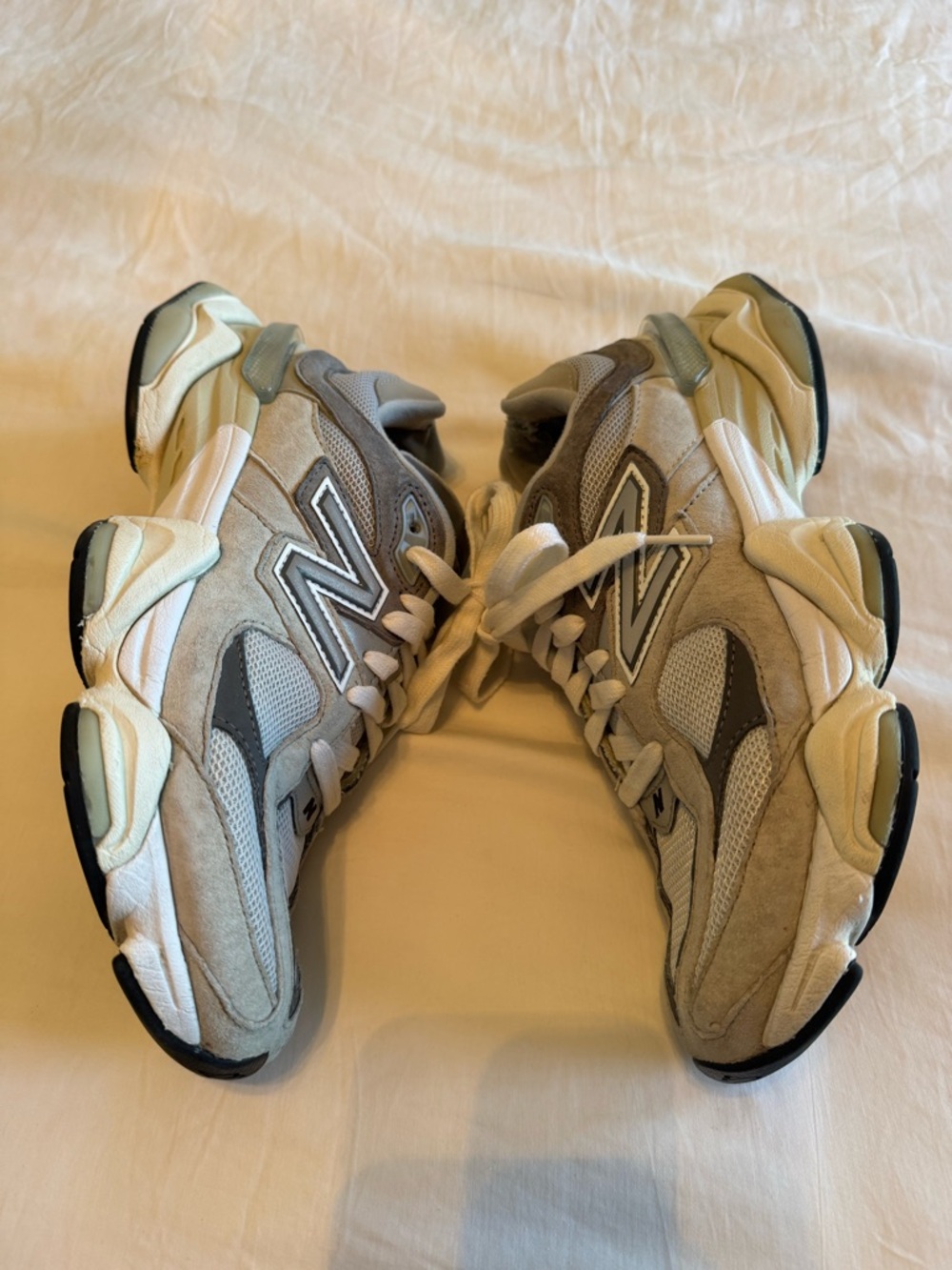 New Balance Grey and Cream Chunky Mesh Suede Sneakers - Picture 4 of 10